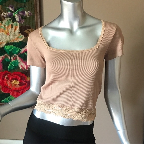 Planet Gold Ribbed Cropped Top Juniors Medium Tan Incense Square Neck Lace-Trim - Picture 10 of 10